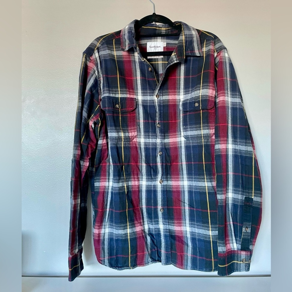 Full Button-up Flannel in Red, Blue, White and Yellow. Large. From Target